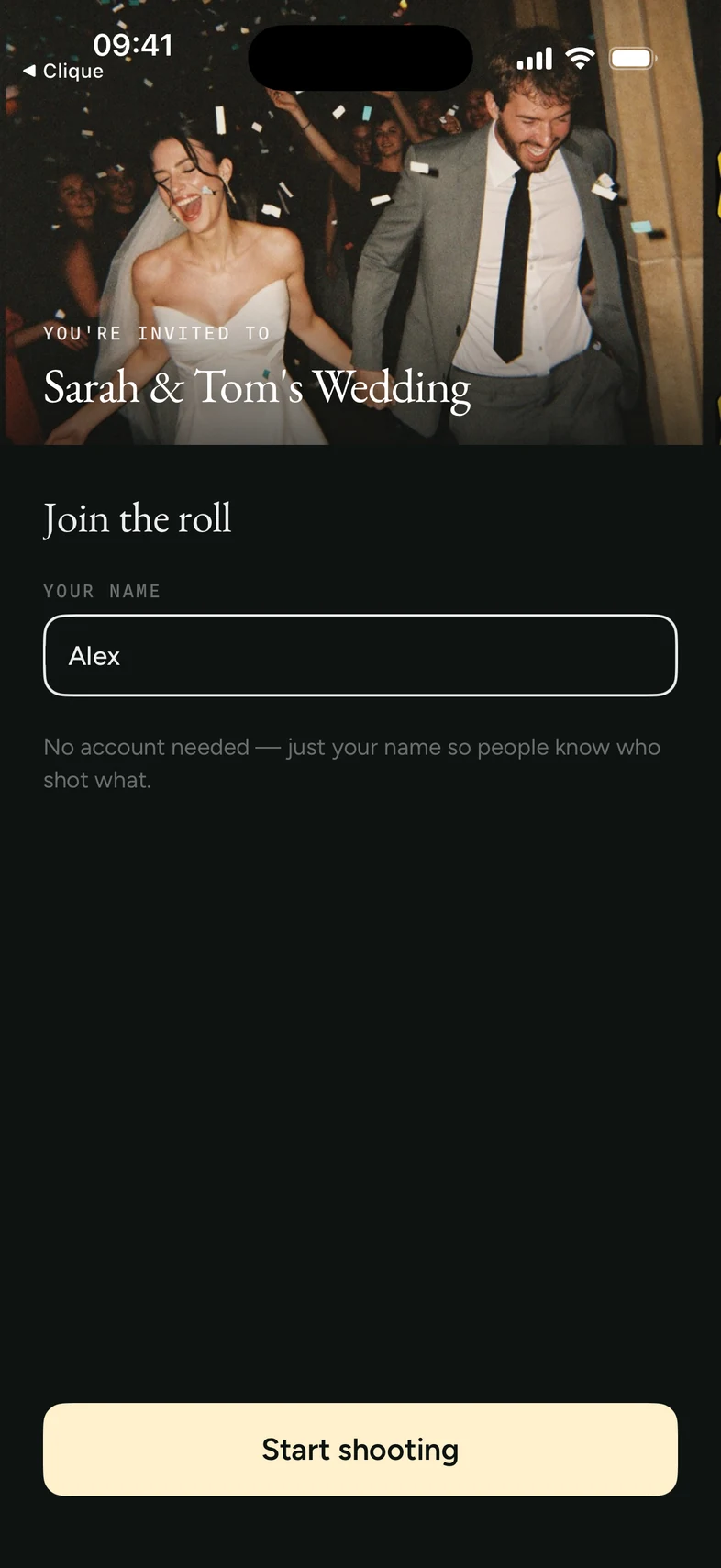 A guest's invite — join the roll with just your name